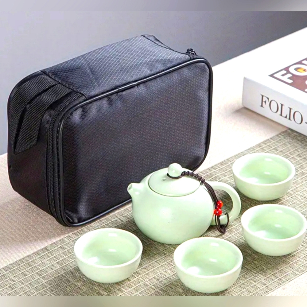 6pc Chinese Travel Tea Set,  Teapot & 4 Cups & Bag - Green